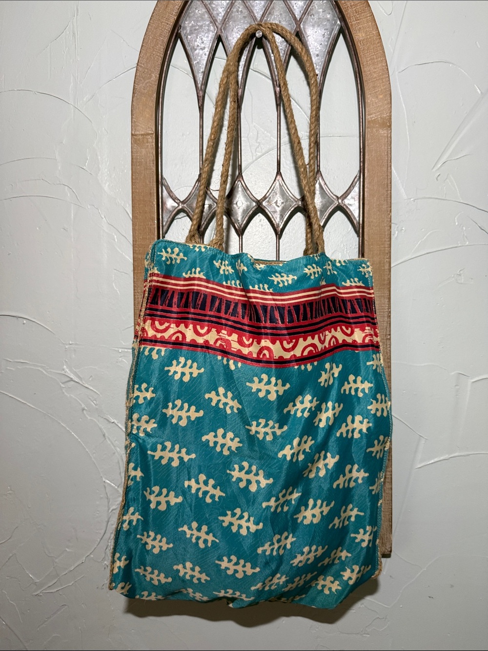 Handwoven Teal Patterned Tote with Rope Handles